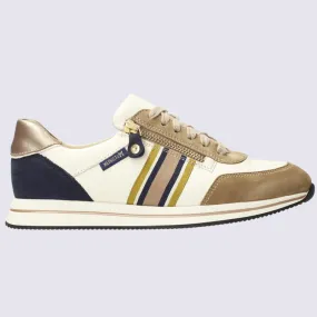 Baskets Mephisto, baskets tendances femme en cuir blanc, bleu et taupe clair | Igert Chaussures&Maroquinerie