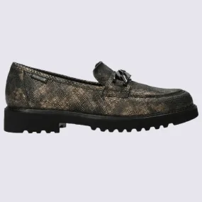 Mocassins Mephisto, mocassins cousu main motif reptile femme en cuir doré et noir | Igert Chaussures&Maroquinerie