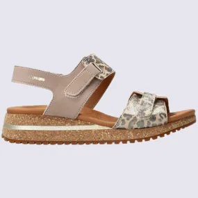 Sandales Mephisto, sandales à plateformes femme imprimé en cuir taupe clair I Igert Chaussure&Maroquinerie