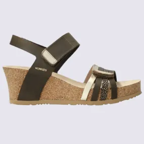 Sandales Mephisto, sandales à talon compensé femme en cuir nubuck kaki I Igert Chaussure&Maroquinerie