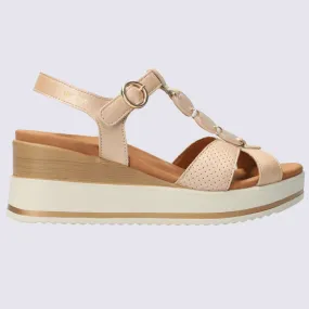 Sandales Mephisto, sandales à talons compensés femme en cuir métallisé rose I Igert Chaussure&Maroquinerie